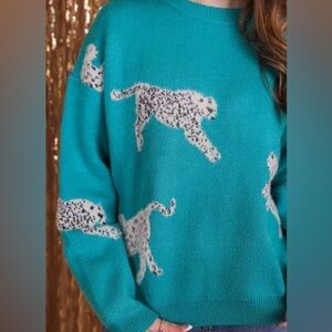 &Merci Brand, Teal Sweater with Leopard Print